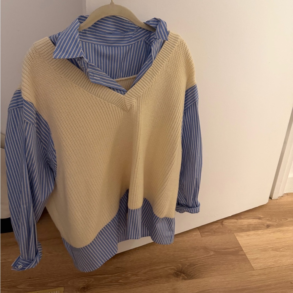 Zara Cream V-Neck Sweater with Blue Striped Shirt